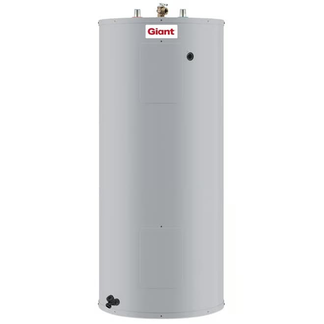 Chauffe-eau électrique Giant, réservoir vertical gris avec raccords sur le dessus.