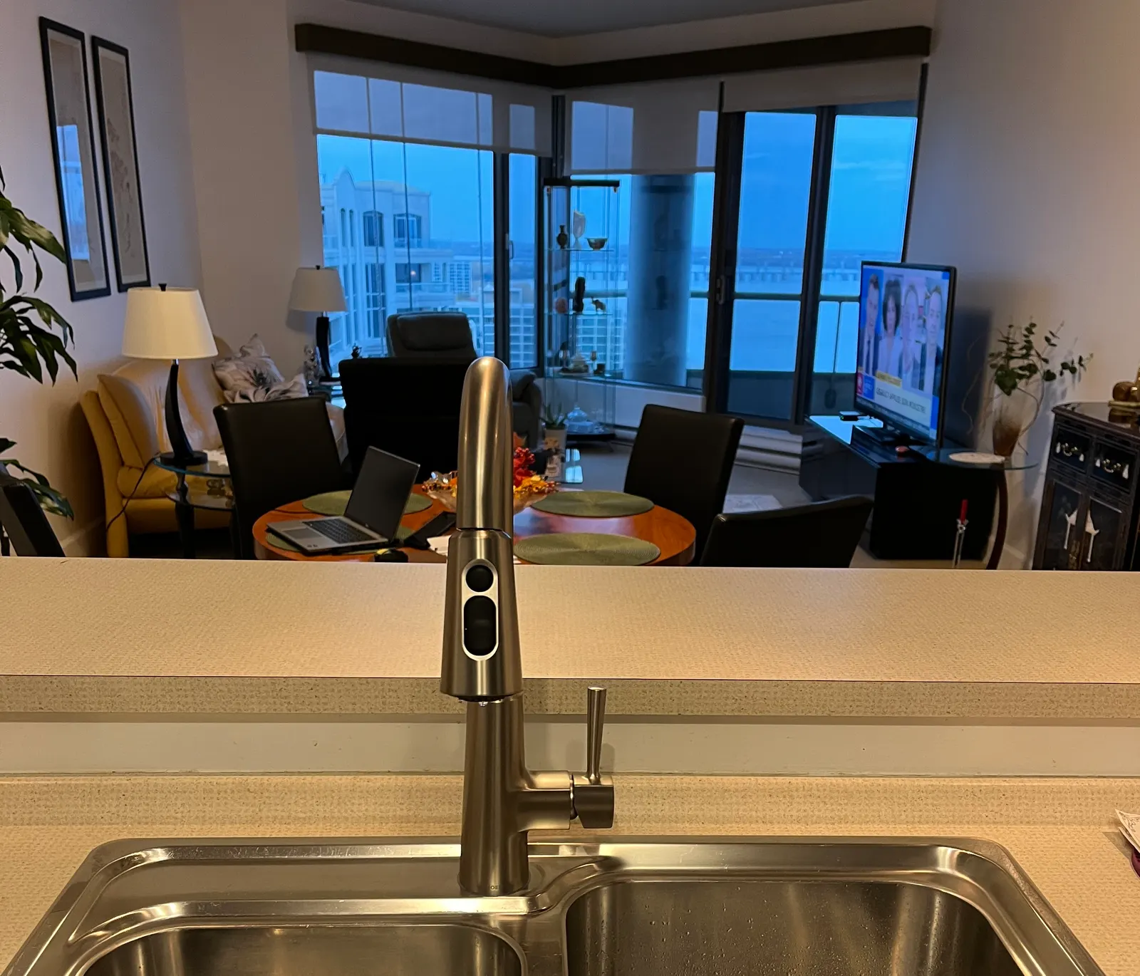 Brushed stainless-steel pull-down kitchen faucet over a double sink.